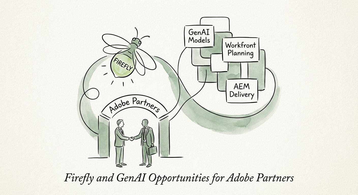Adobe Firefly ecosystem diagram showing the connection between GenAI models, Workfront planning, and AEM delivery.