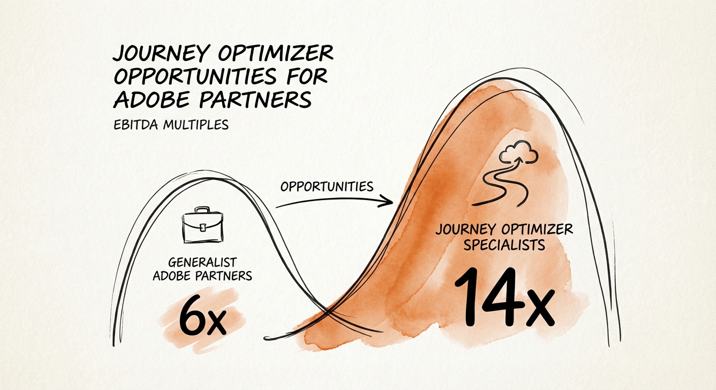 Comparison chart showing EBITDA multiples for Generalist Adobe Partners (6x) vs. Journey Optimizer Specialists (14x).