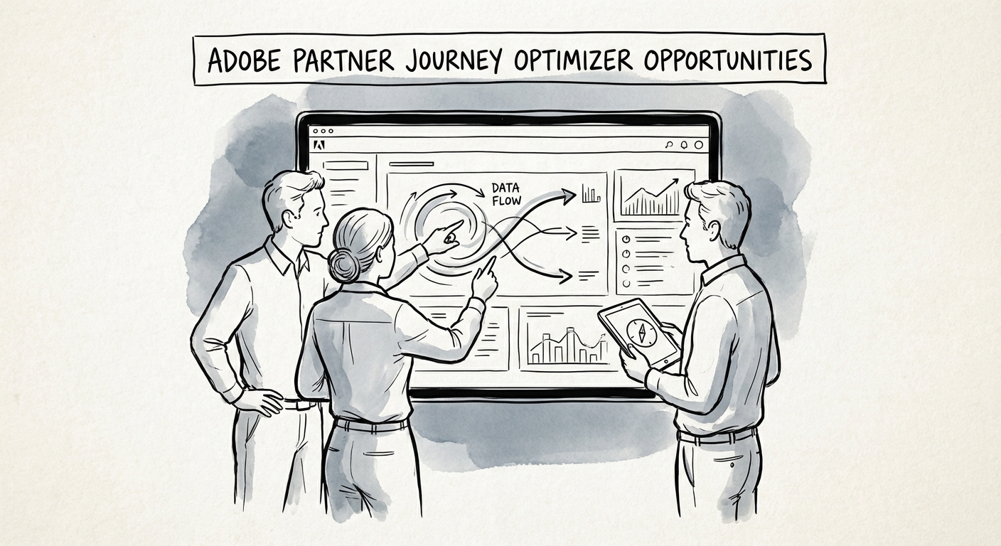 A specialized Adobe Journey Optimizer partner team analyzing real-time customer data flows on a digital dashboard.