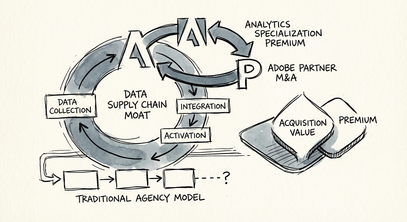 Diagram illustrating the 'Data Supply Chain' moat for Adobe Experience Platform partners versus traditional agency models