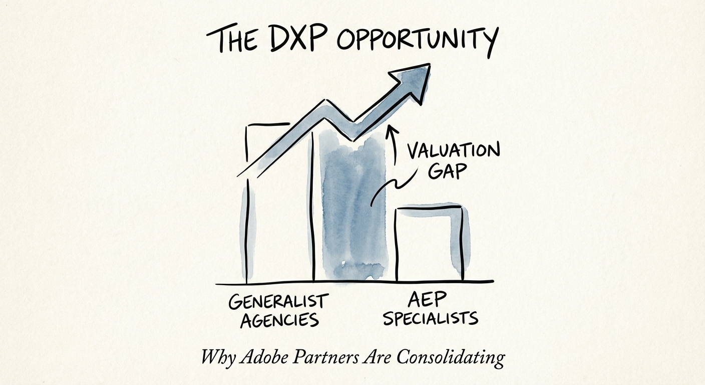 Graph showing the valuation multiple gap between generalist Adobe agencies and AEP specialists.