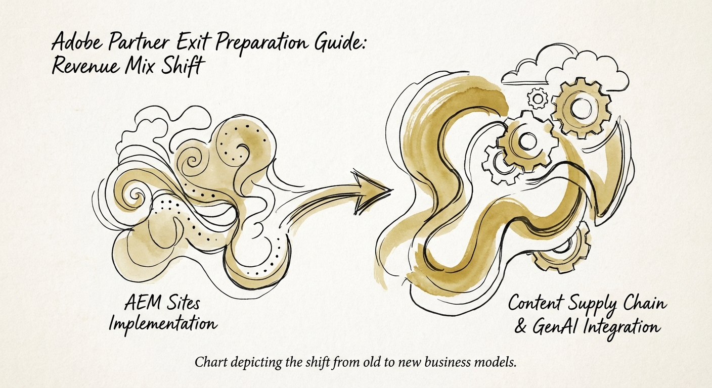 Chart depicting the shift in Adobe partner revenue mix from AEM Sites implementation to Content Supply Chain and GenAI integration.