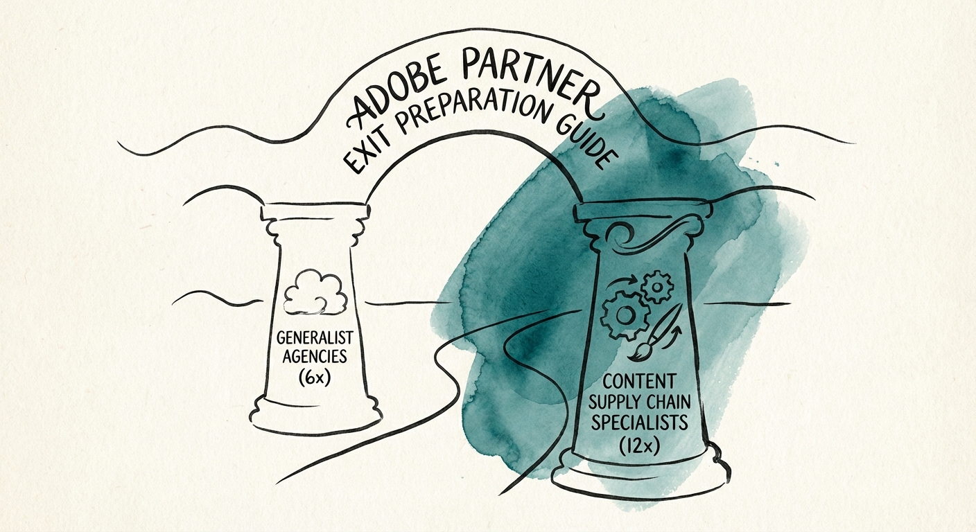 Adobe Partner Valuation Matrix showing the multiple gap between Generalist Agencies (6x) and Content Supply Chain Specialists (12x).