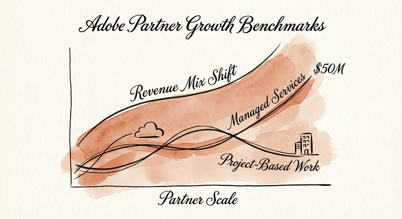 Chart depicting the revenue mix shift from project-based work to managed services as Adobe partners scale from $10M to $50M.