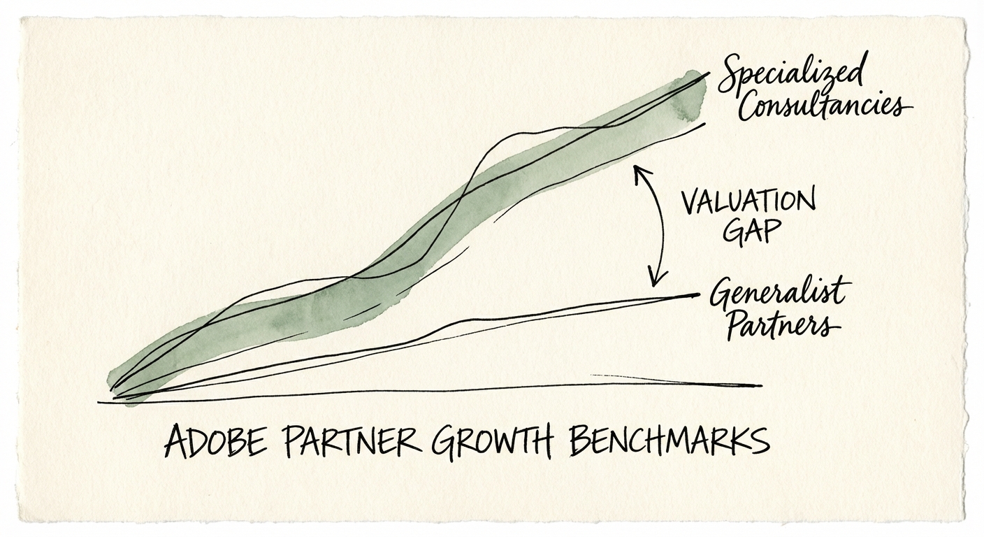 Graph showing the valuation gap between generalist Adobe partners and specialized digital transformation consultancies.