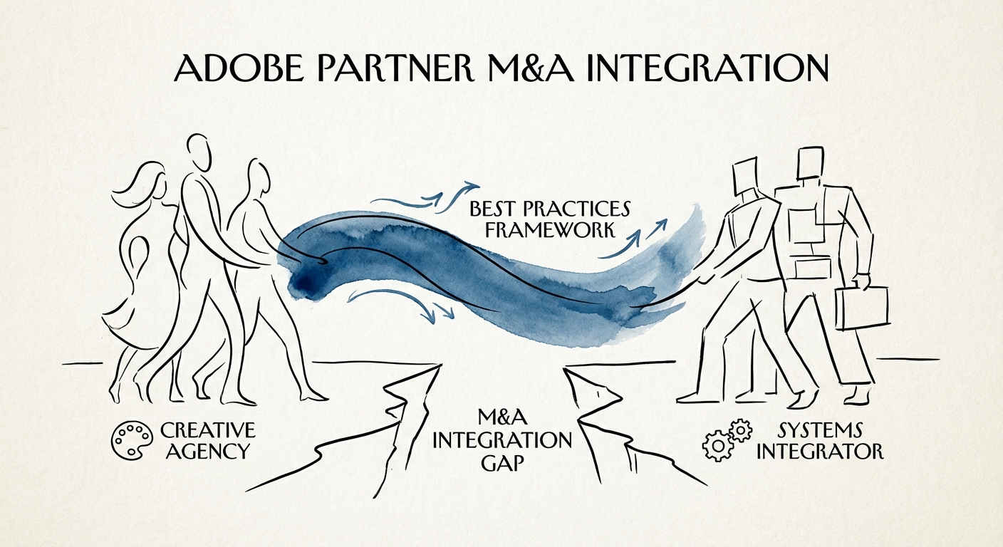 Adobe Partner Ecosystem M&A Integration Framework showing the gap between Creative Agency and Systems Integrator business models