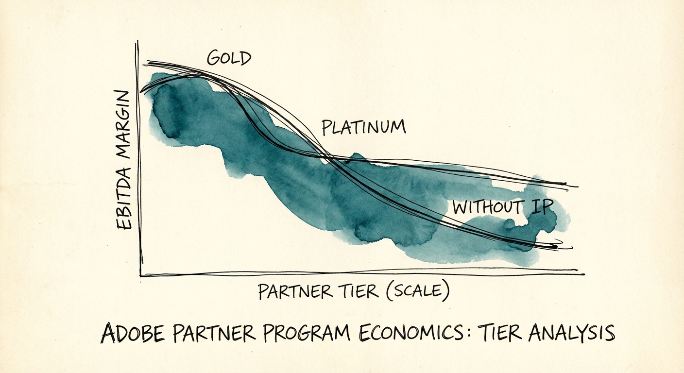 Chart showing EBITDA margin erosion for Adobe partners as they scale from Gold to Platinum without IP