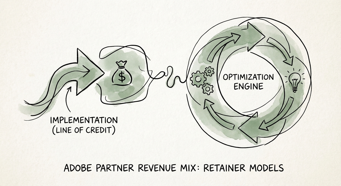 Diagram comparing 'Line of Credit' retainers vs. 'Optimization Engine' retainers in Adobe partner business models.
