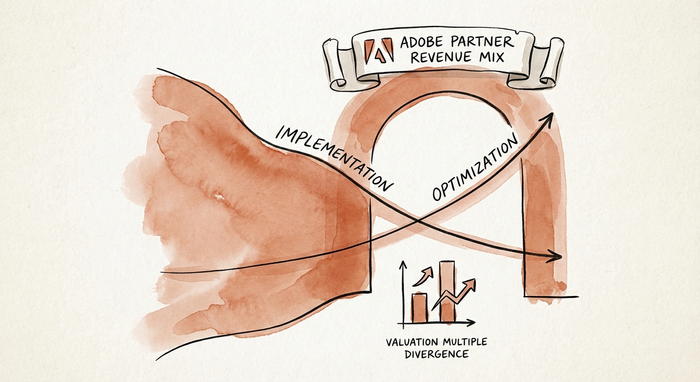 Chart showing valuation multiple divergence between implementation-focused and optimization-focused Adobe partners.