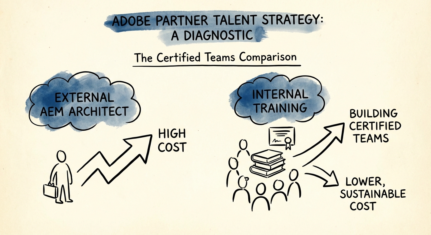 A diagnostic chart showing the cost comparison between hiring an external AEM Architect vs. internal training.