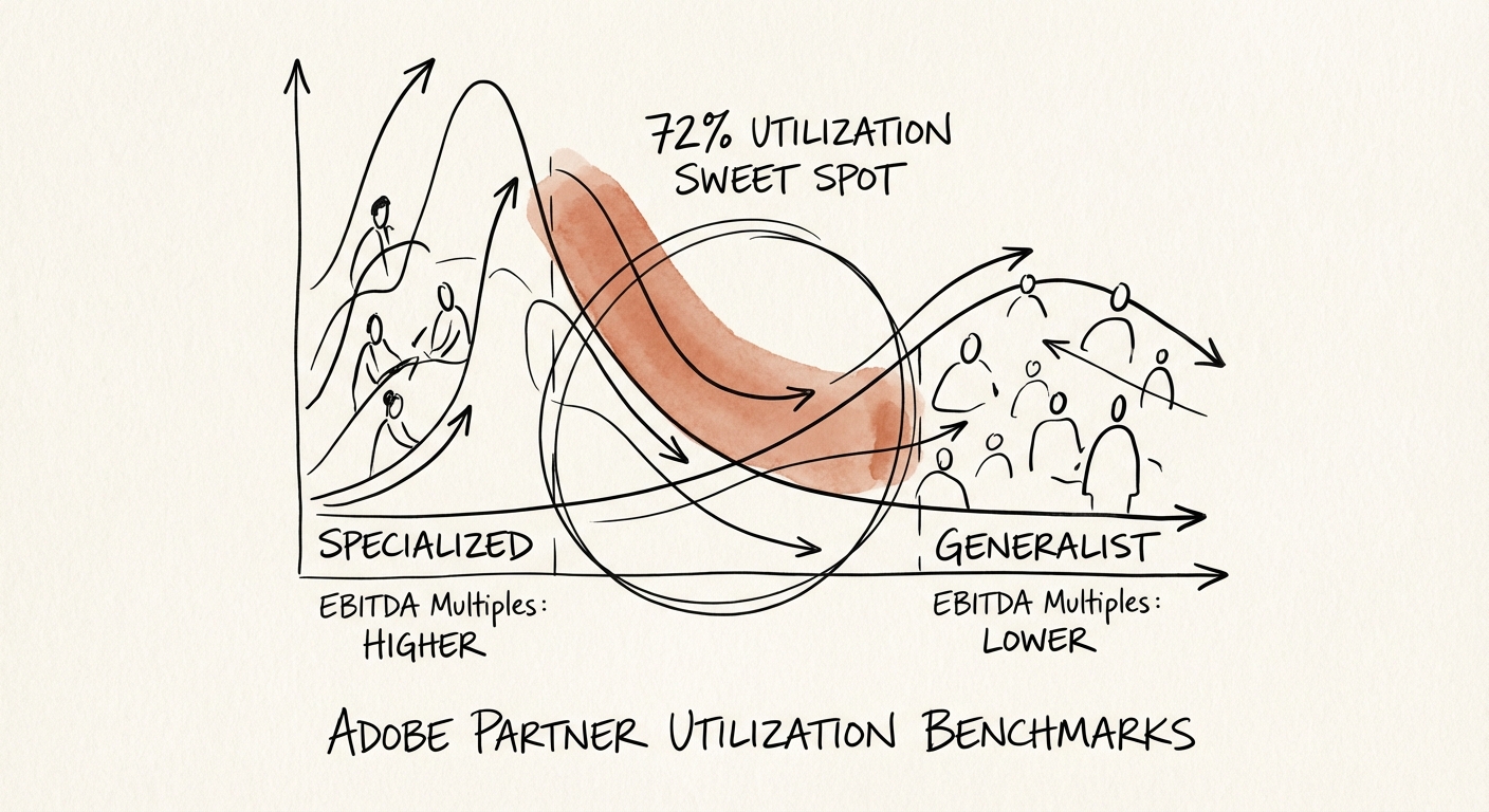 Chart comparing EBITDA multiples of Adobe Partners with Specialized status vs. Generalist partners, highlighting the 72% utilization sweet spot.
