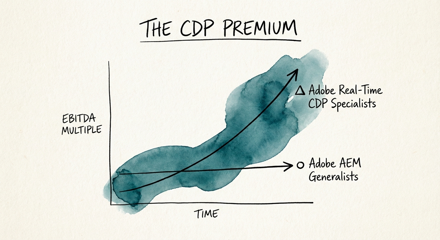 Graph showing the divergence in EBITDA multiples between Adobe AEM Generalists and Adobe Real-Time CDP Specialists