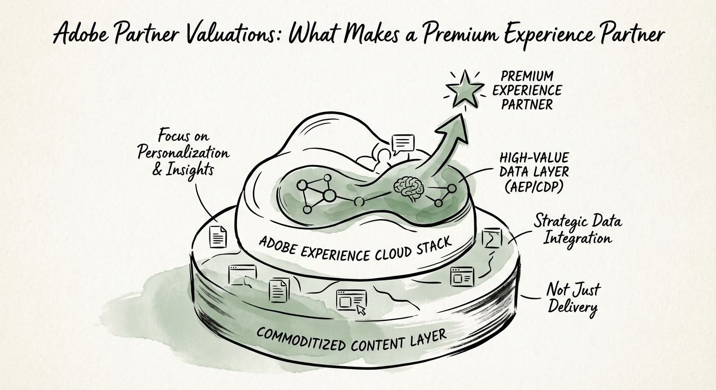 Diagram illustrating the Adobe Experience Cloud stack, highlighting the high-value data layer (AEP/CDP) vs the commoditized content layer.