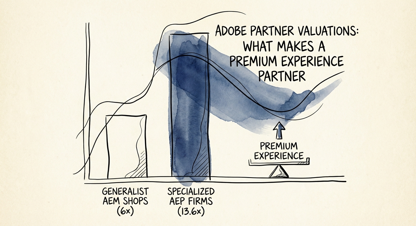 Chart showing valuation multiples of Adobe partners: Generalist AEM shops at 6x vs Specialized AEP firms at 13.6x.