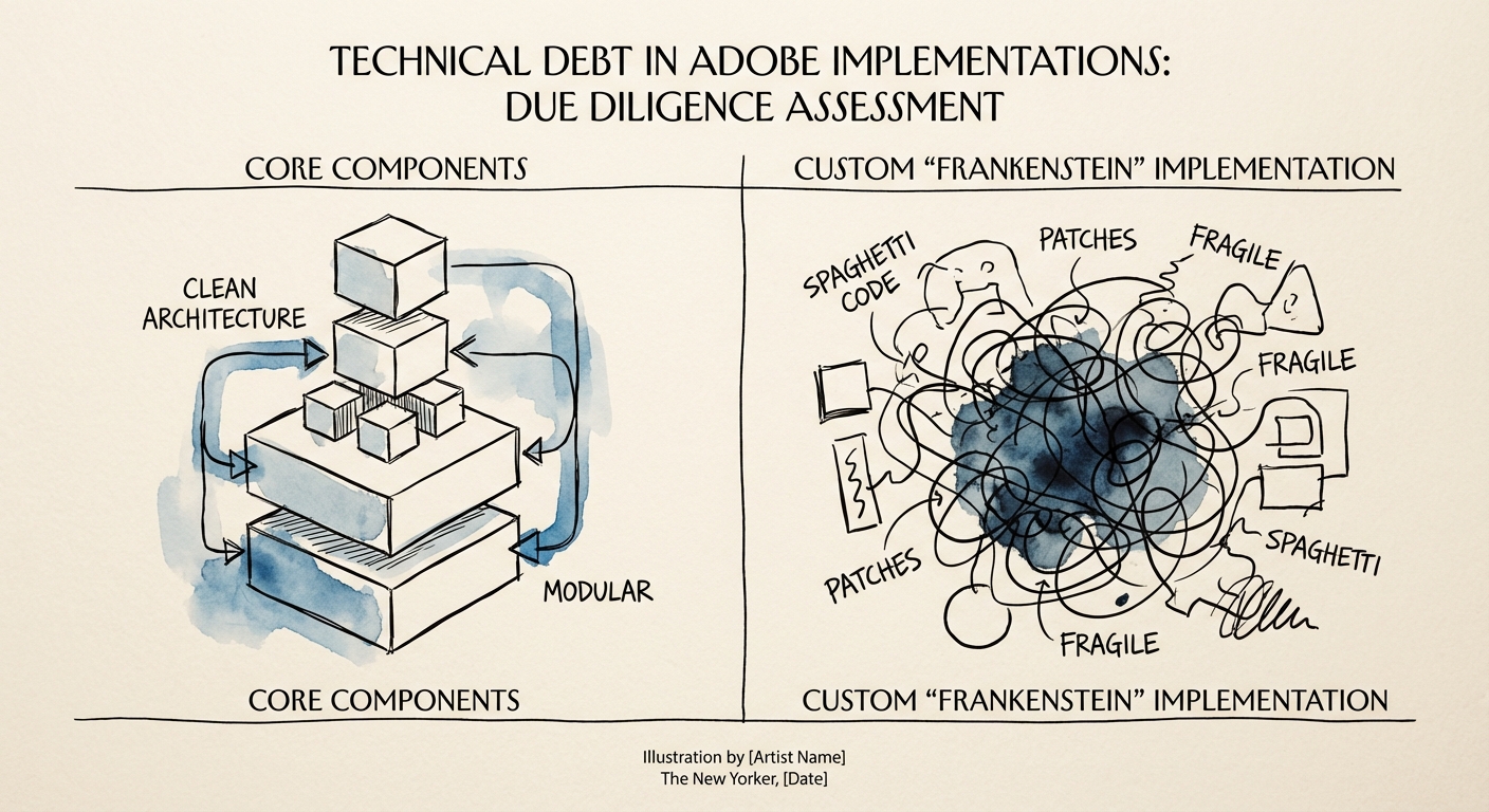 A split-screen comparison showing clean Adobe Core Component architecture versus a tangled 'Frankenstein' custom implementation code structure.