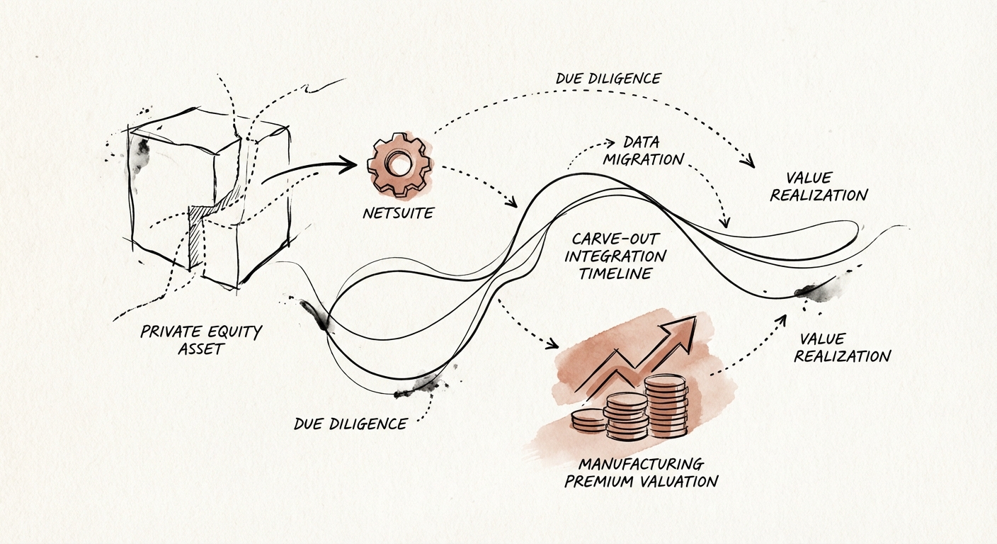 Diagram illustrating the 'Carve-Out' integration timeline for private equity manufacturing assets.
