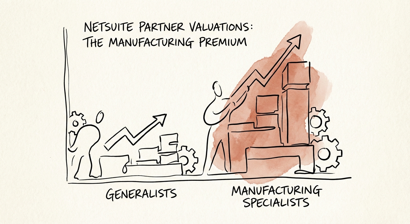 Chart showing valuation multiple gap between generalist NetSuite partners and manufacturing specialists.