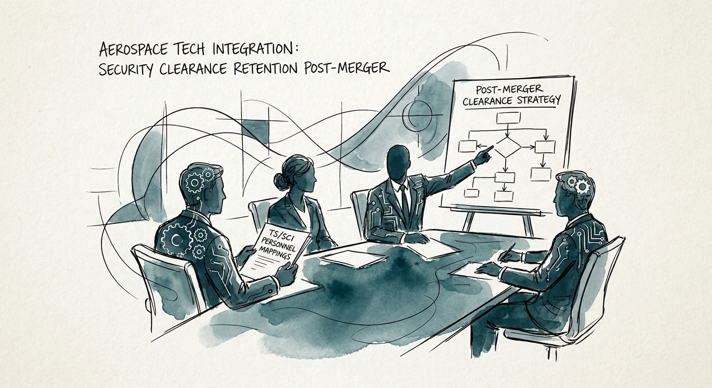 A specialized defense integration team discussing security clearance retention strategies and TS/SCI personnel mappings during a post-merger boardroom session.