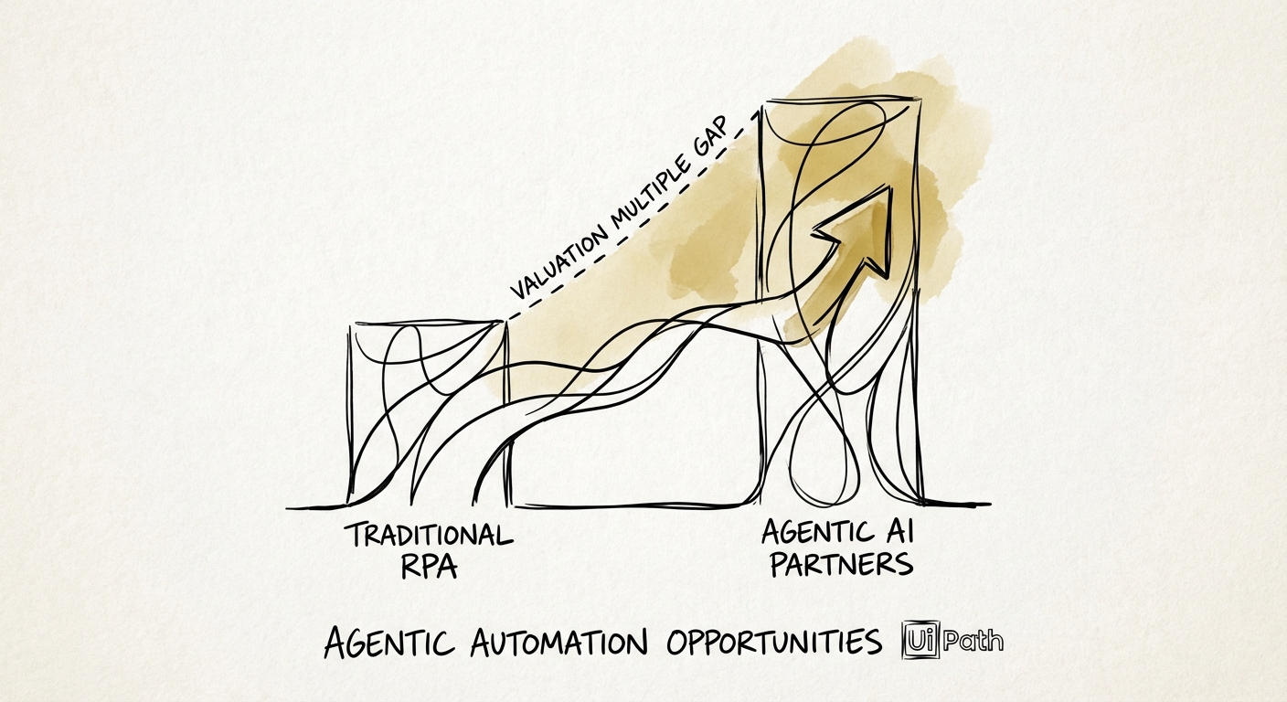 A comparison chart showing the valuation multiple gap between traditional RPA service providers and Agentic AI partners.