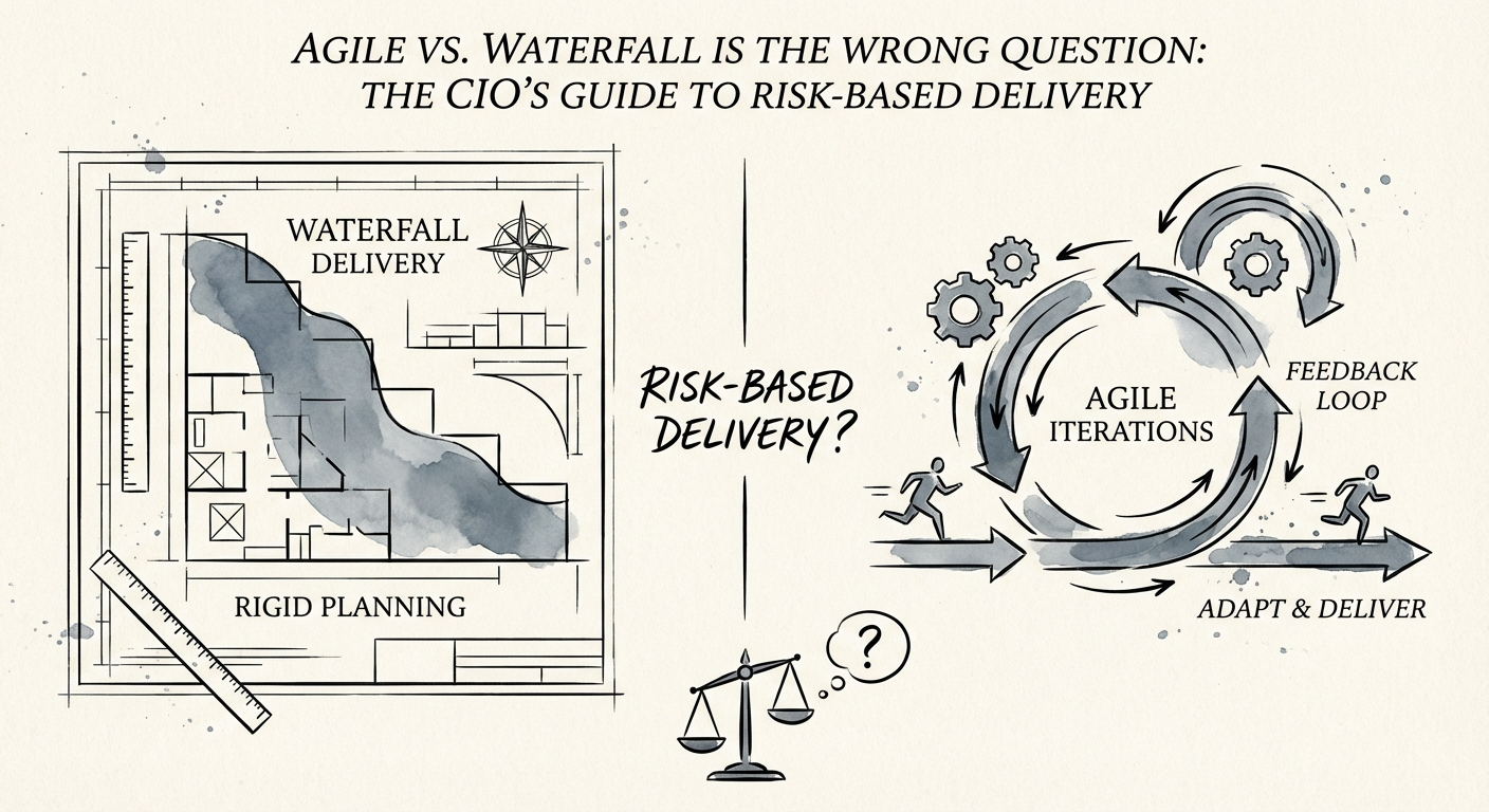 A split-screen visualization showing a rigid architectural blueprint on one side and an iterative software sprint cycle on the other, representing the Agile vs. Waterfall methodology choice.