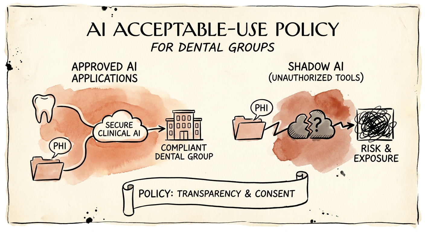 AI governance map for dental groups showing approved tools, restricted data, reviewers, and escalation paths.