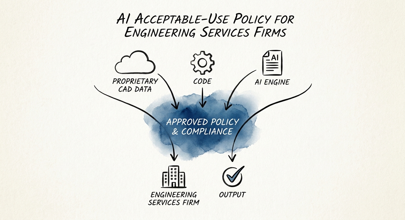 AI governance map for engineering services firms showing approved tools, restricted data, reviewers, and escalation paths.