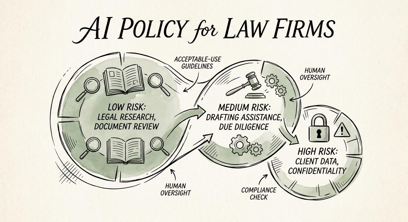 AI governance map for law firms showing approved tools, restricted data, reviewers, and escalation paths.
