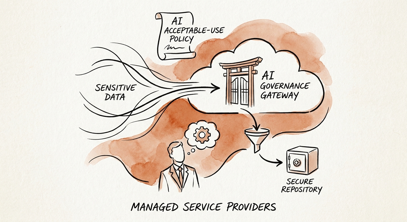 AI governance map for managed service providers showing approved tools, restricted data, reviewers, and escalation paths.