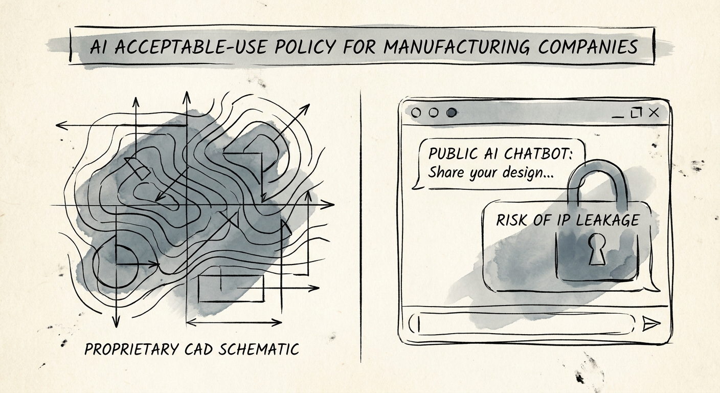 AI governance map for manufacturing companies showing approved tools, restricted data, reviewers, and escalation paths.