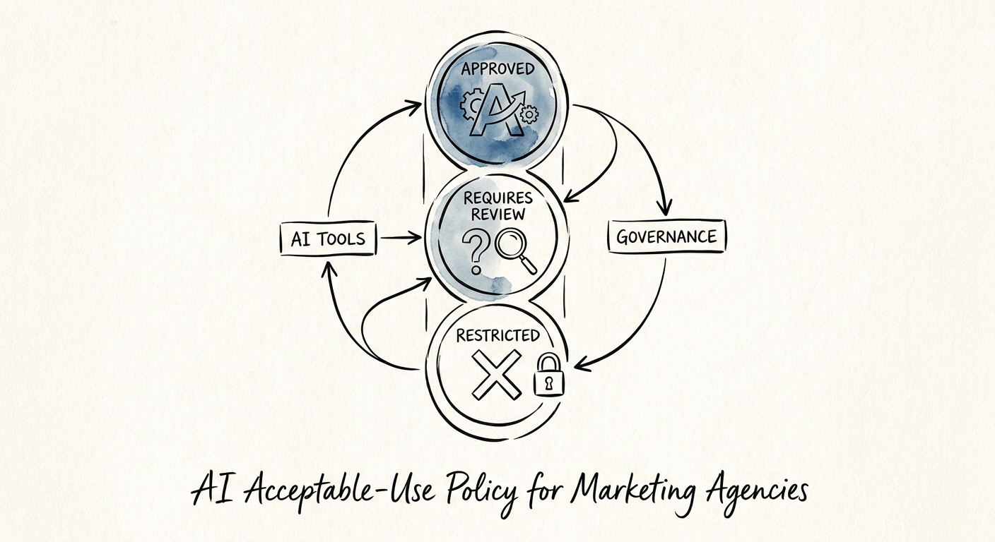 AI governance map for marketing agencies showing approved tools, restricted data, reviewers, and escalation paths.