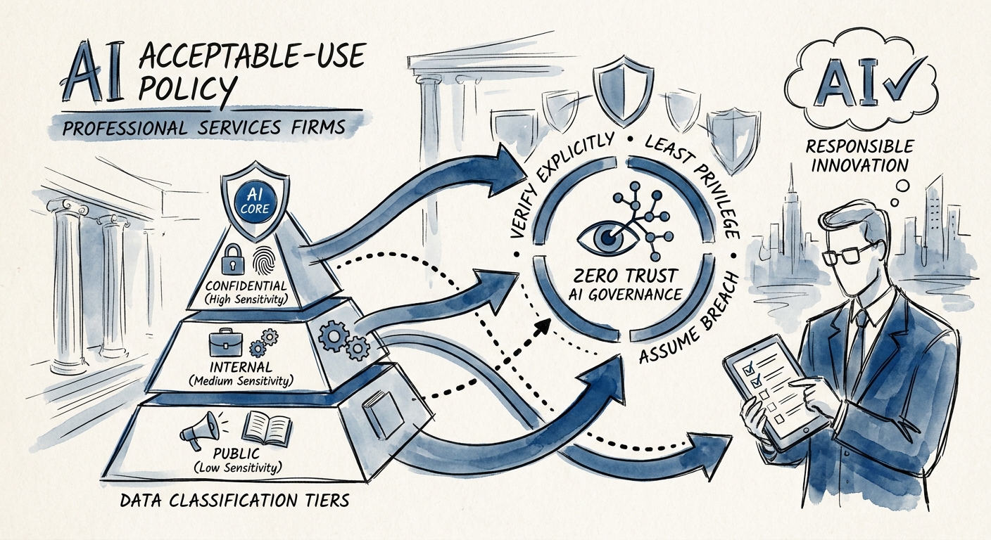 Workflow map showing sources, review rules, and value measures for AI acceptable-use policy.