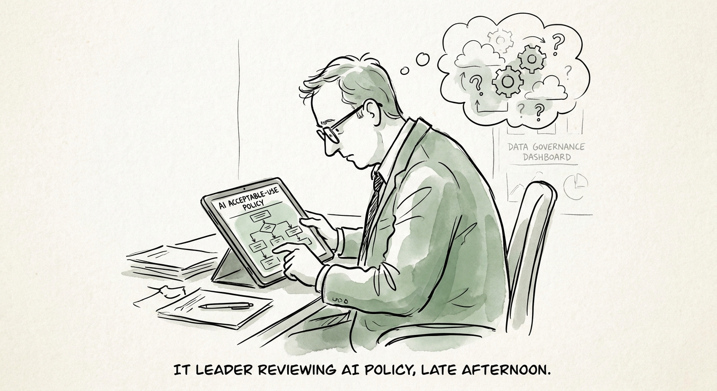 Operator workspace reviewing AI acceptable-use policy priorities for a professional services firm.