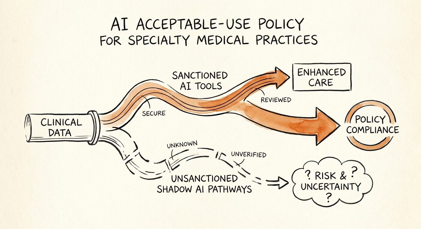 AI governance map for specialty medical practices showing approved tools, restricted data, reviewers, and escalation paths.
