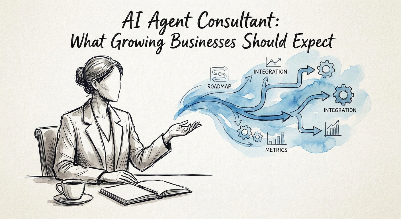 Business operator reviewing an AI agent workflow map with permissions, approval gates, escalation paths, and production monitoring.