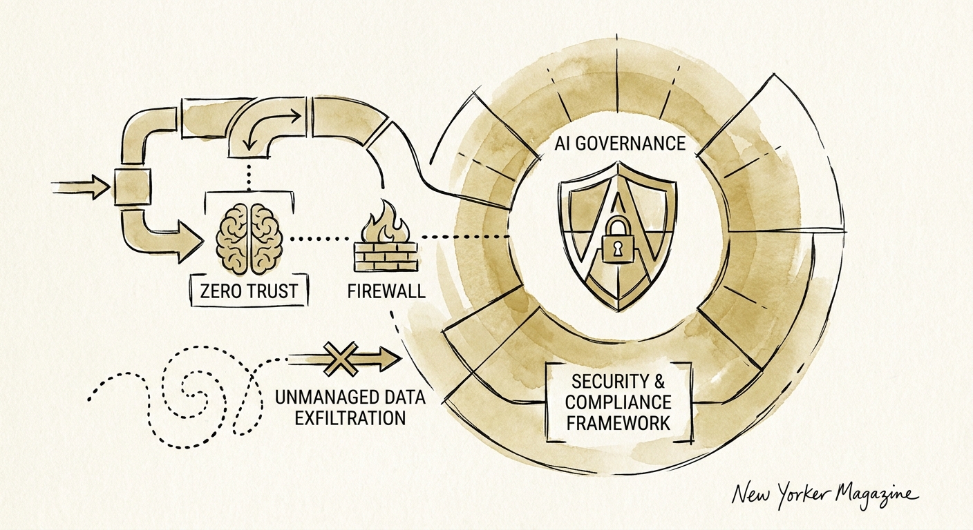 A technical dashboard displaying a zero trust AI governance framework actively blocking unmanaged data exfiltration.