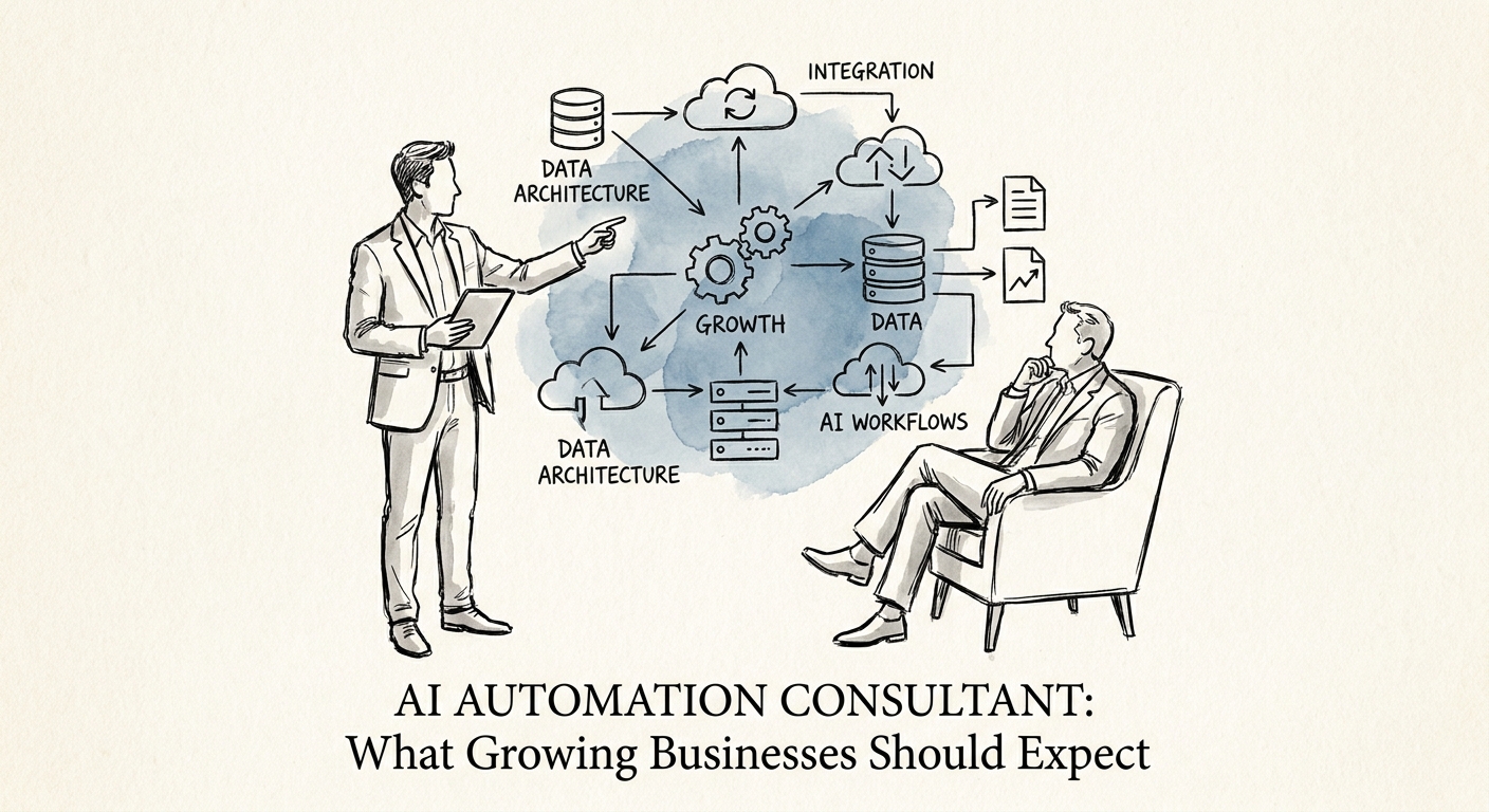 AI automation consultant mapping workflow inputs, review rules, and operating metrics.