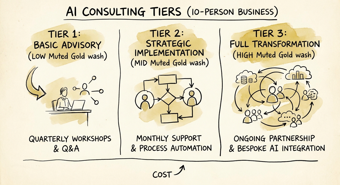 Small business owner reviewing AI consulting cost options by workflow scope.