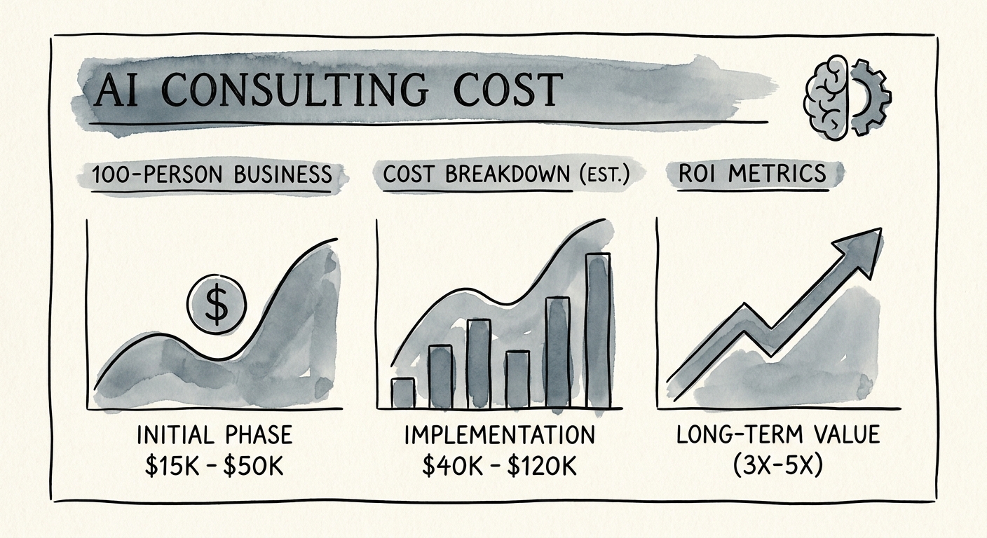AI consulting cost model for a 100-person business with workflow, data, governance, and adoption lanes.