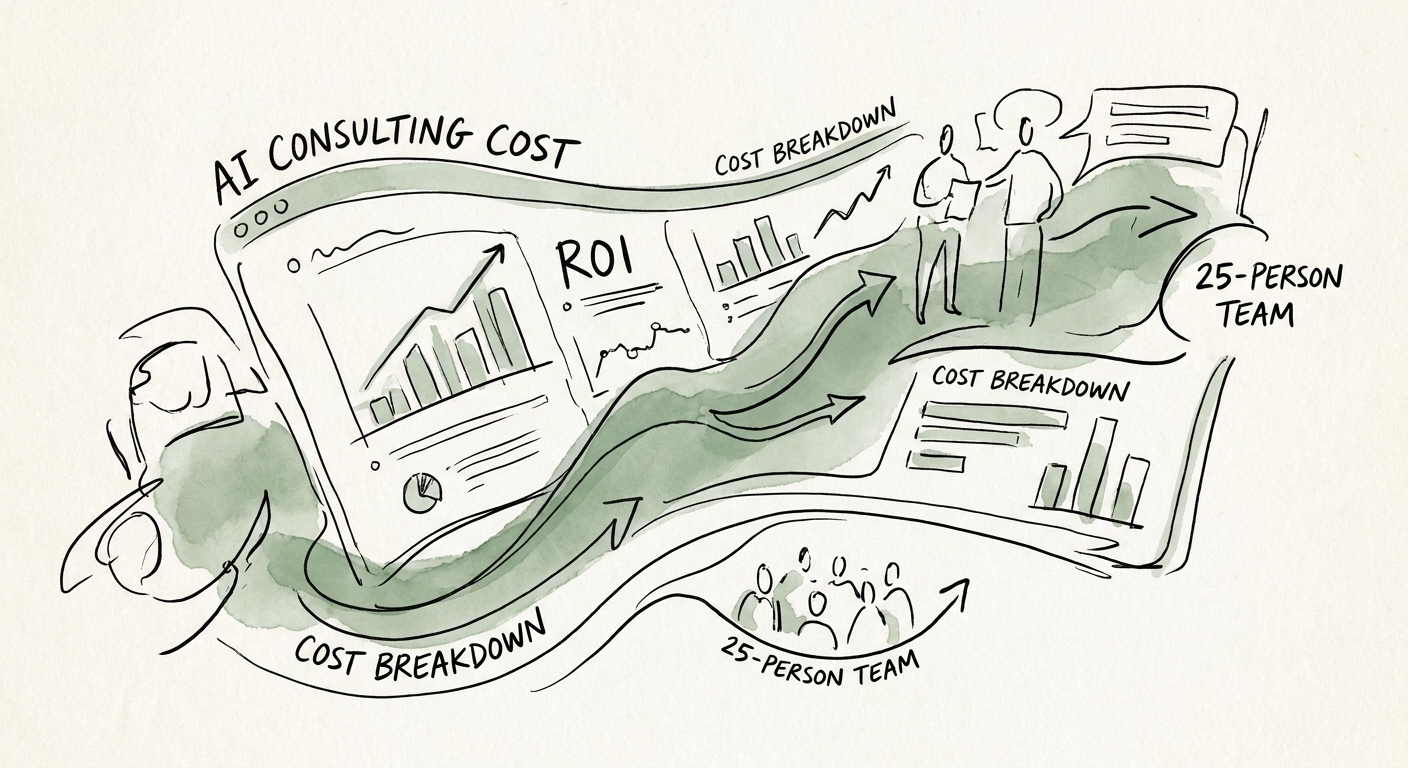 AI consulting cost model for a 25-person business with workflow, data, governance, and adoption lanes.