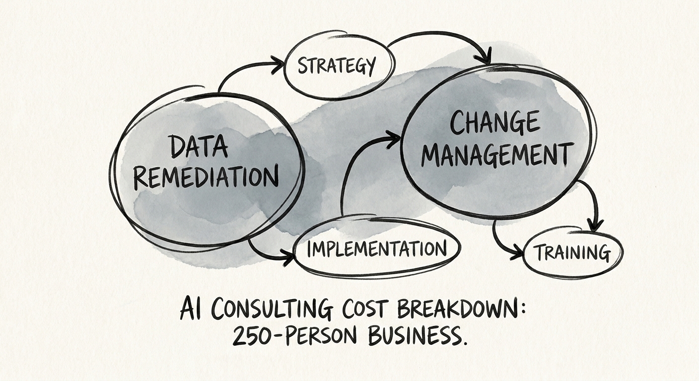 AI consulting cost model for a 250-person business with workflow, data, governance, and adoption lanes.
