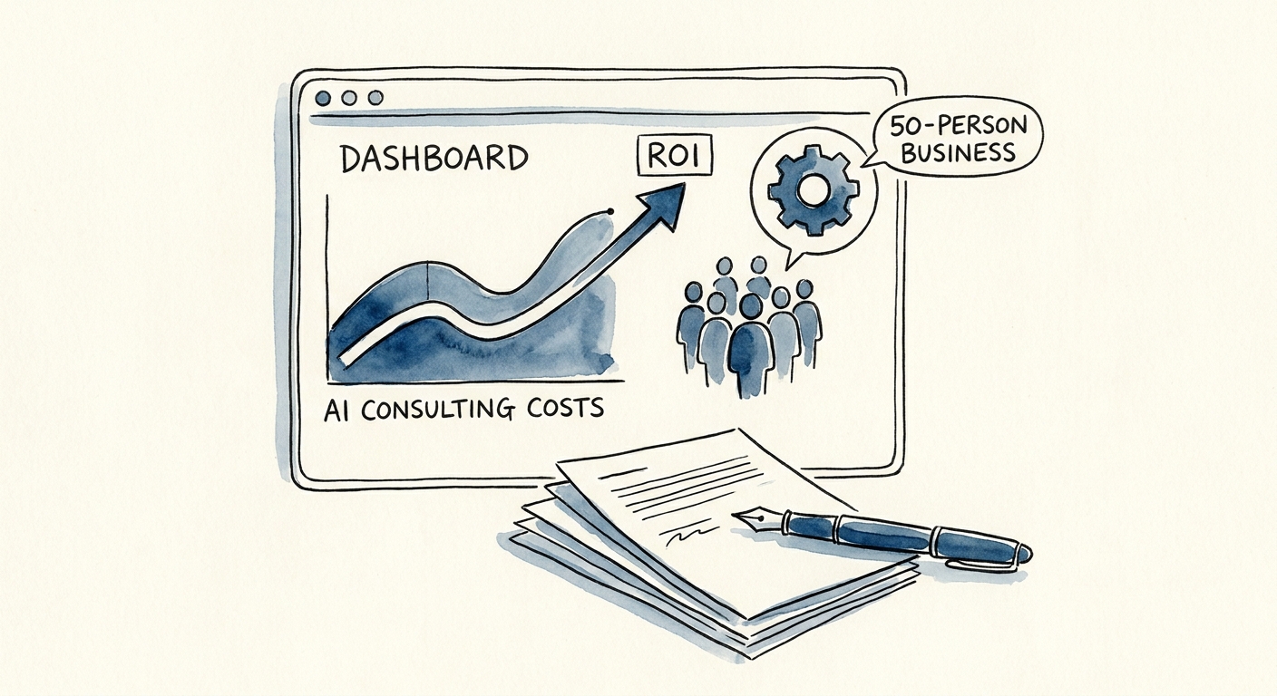 AI consulting cost model for a 50-person business with workflow, data, governance, and adoption lanes.