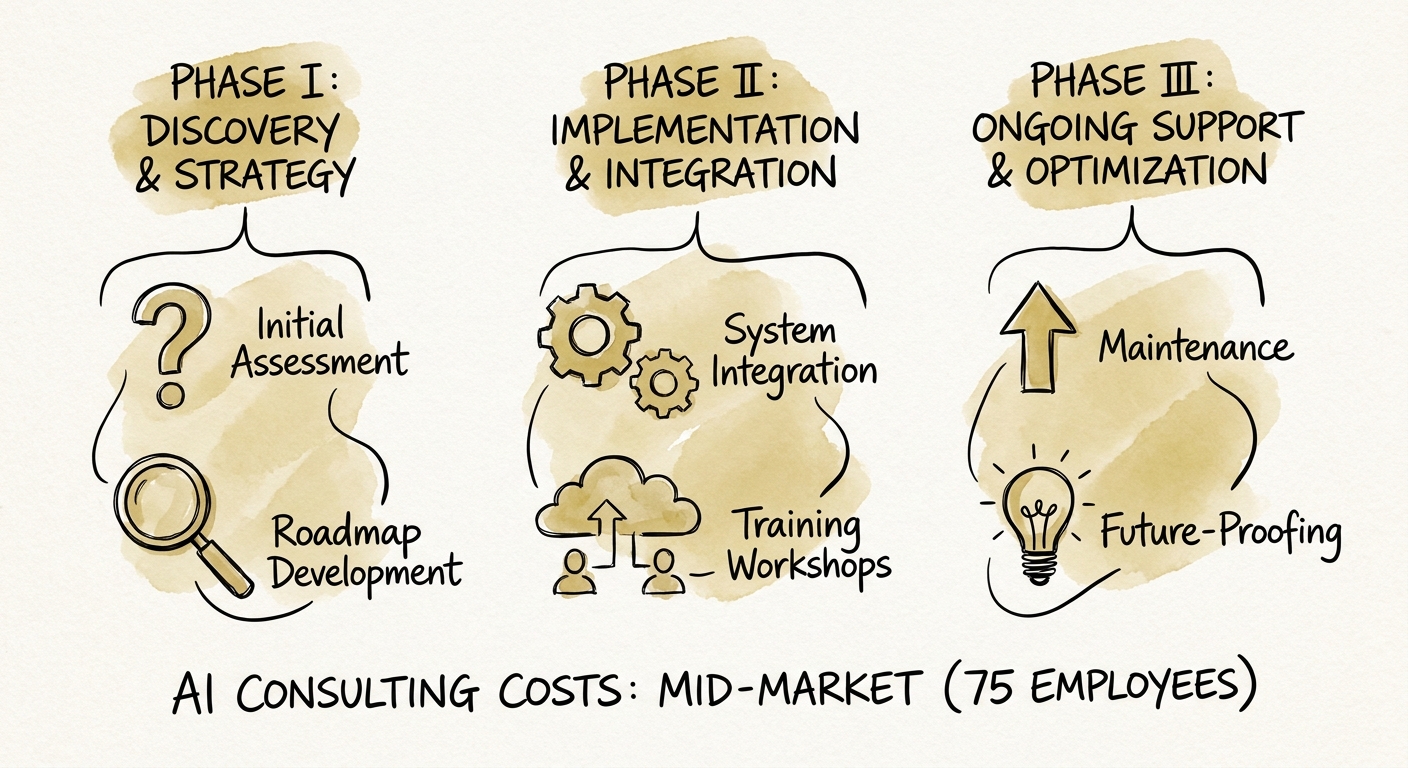 AI consulting cost model for a 75-person business with workflow, data, governance, and adoption lanes.