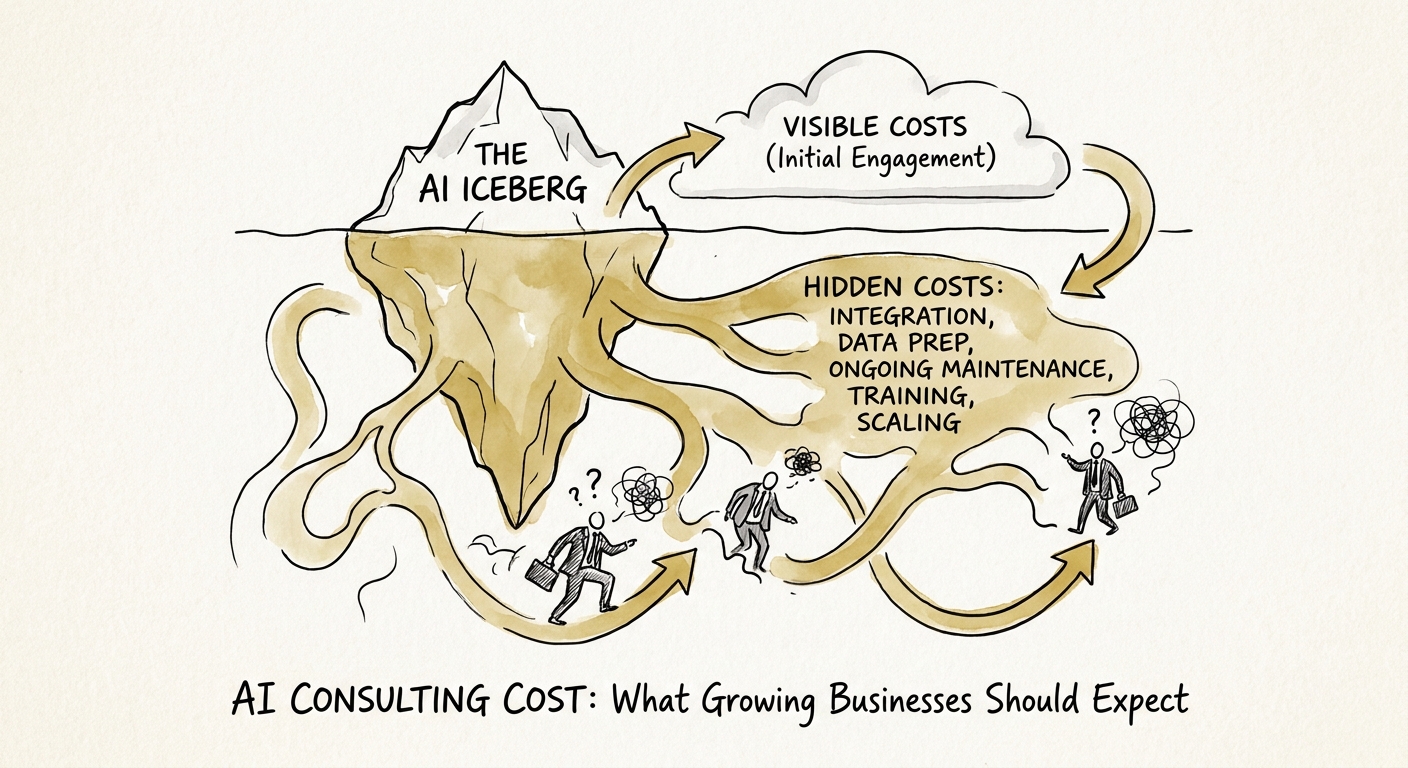 AI consulting cost model for a growing business with workflow, data, governance, and adoption lanes.