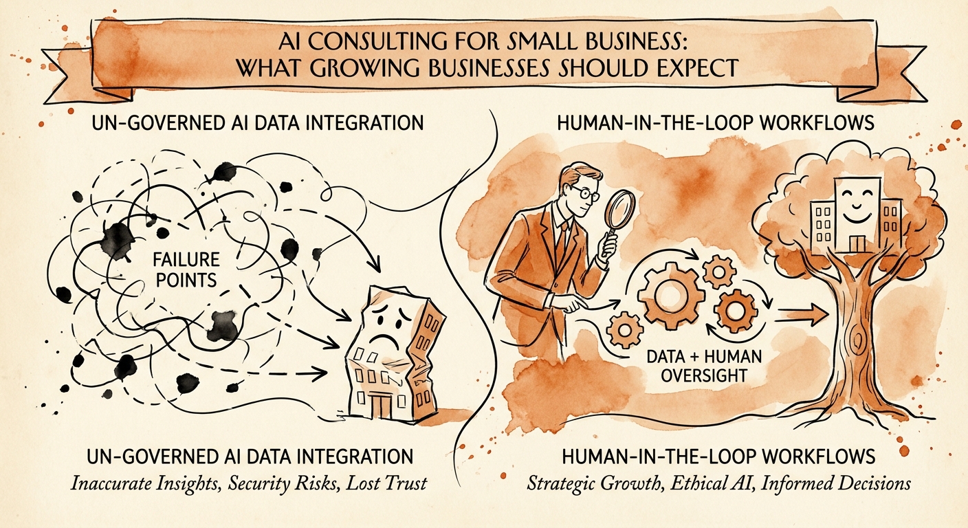 AI consulting roadmap connecting workflow mapping, source data, human review, and rollout measurement.