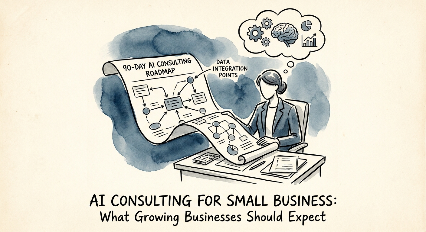 Small business operator reviewing a 90-day AI consulting roadmap with workflow and data checkpoints.