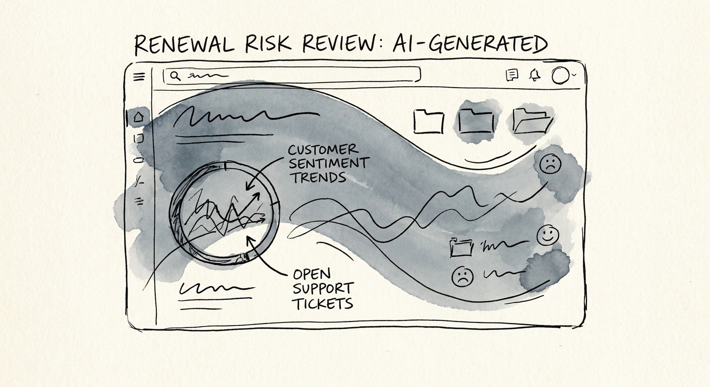 Customer success leader reviewing an AI renewal risk summary with support and account signals.