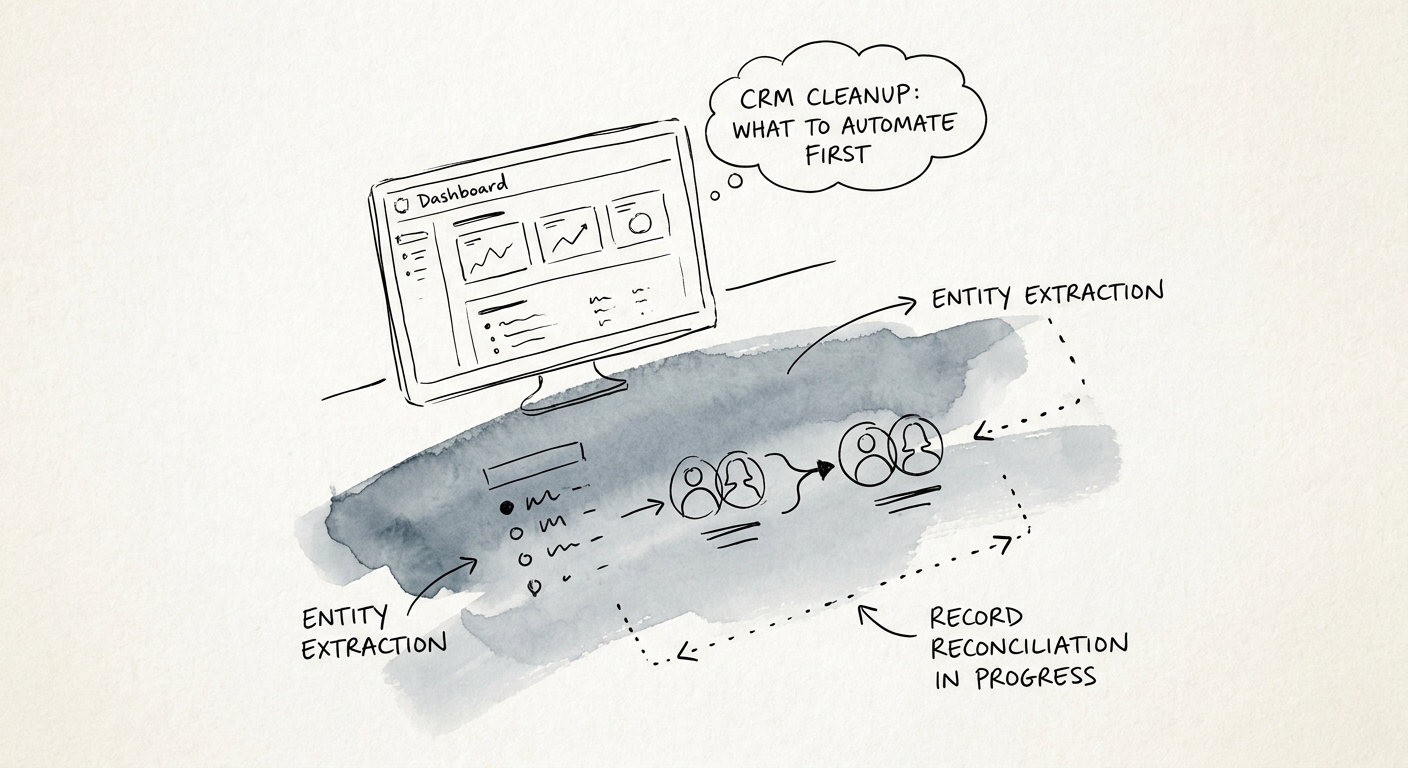 CRM cleanup automation workflow showing duplicate detection, missing-field review, stale-note cleanup, and human approval.