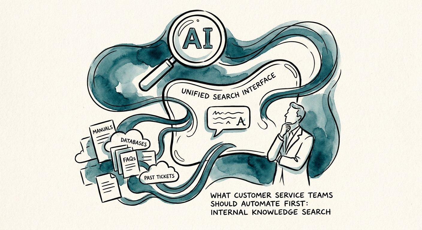 Internal knowledge search workflow for service teams showing approved articles, permissions, answer citation, and escalation.