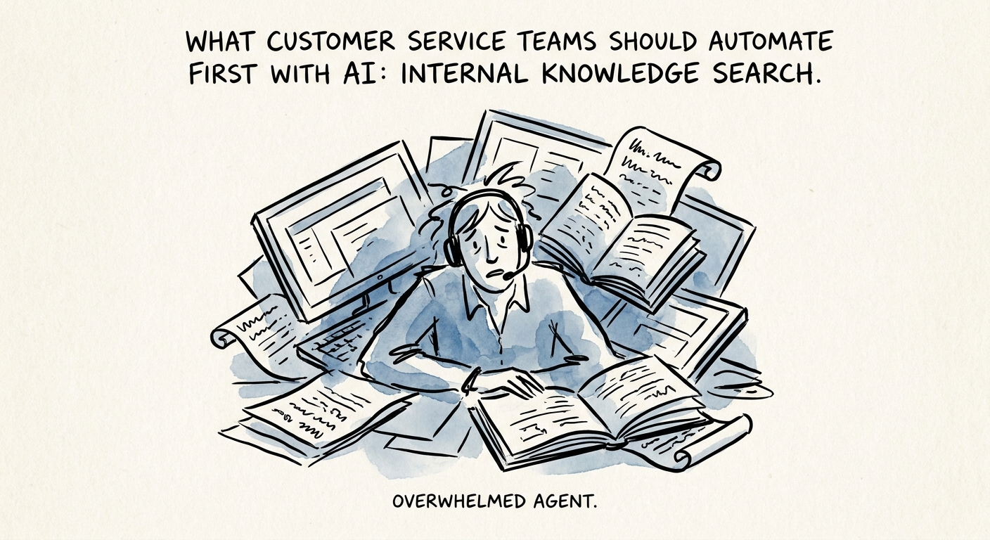 Customer service manager reviewing an AI internal knowledge search workflow with approved answers and source citations.
