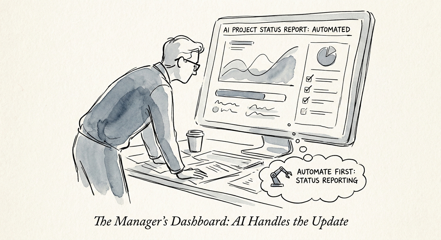 Customer service project leader reviewing an AI-generated status report before a client update.
